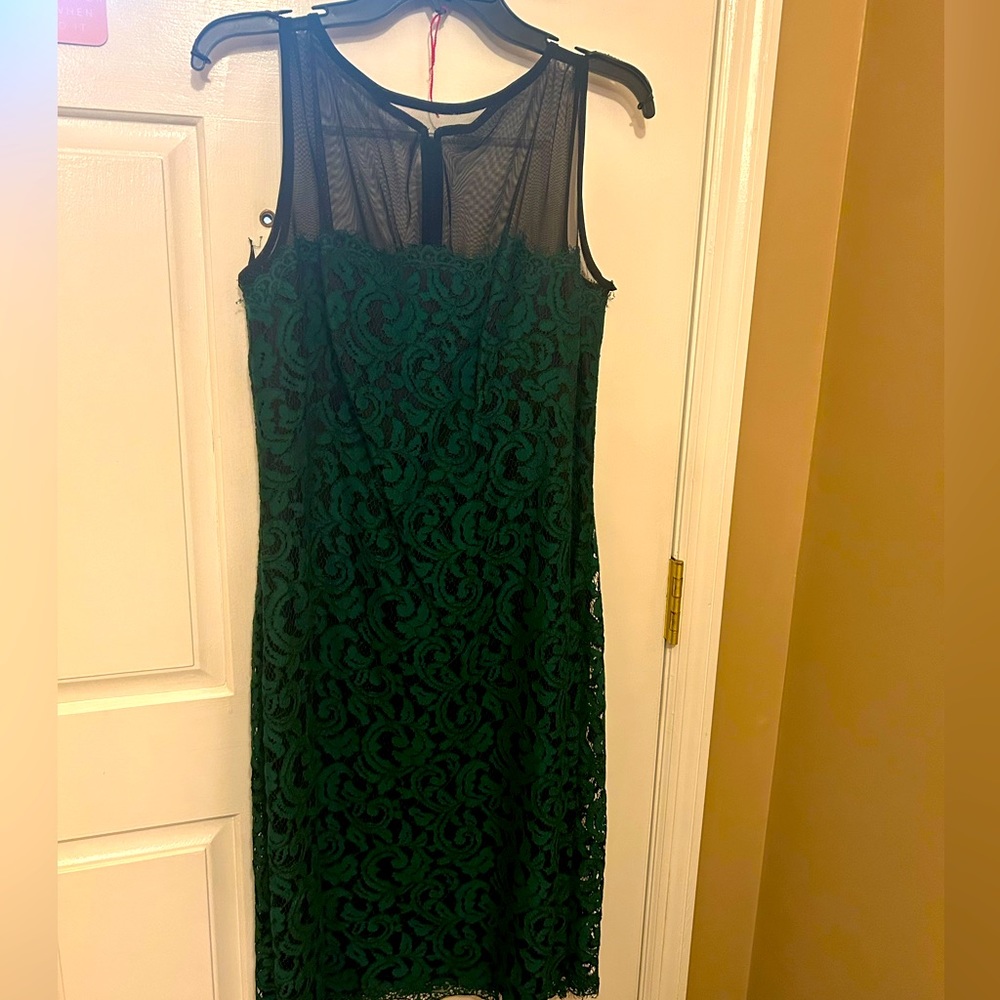 Tadashi Shoji green and black dress with black mesh top size 14
